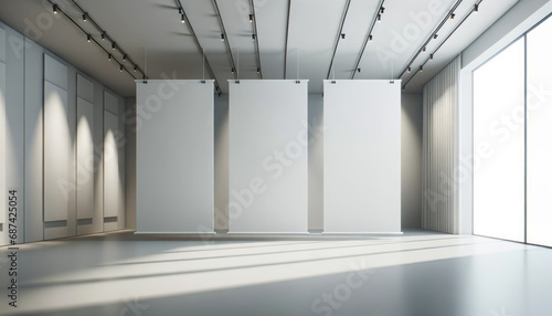 Spacious room dominated by a series of empty white banners, creating a clean, modern look. Generative AI photo