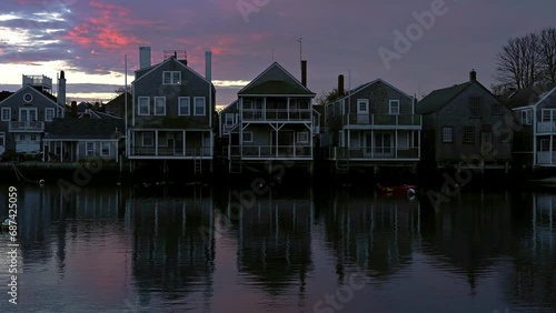 Sunrise in Harbor with famous Nantucket Island Landmarks, Massachusetts, USA