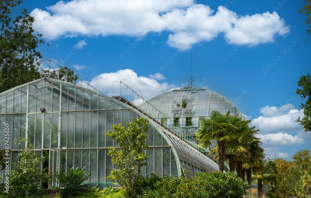 Old Greenhouse at the Jardin des Serres d'Auteuil in summer. This botanical gaden is a public park located in Paris, France