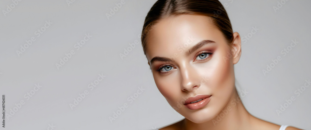 Closeup portrait of a beauty fashion model with natural makeup and skincare. Beauty & skin products, Copy space. - obrazy, fototapety, plakaty 