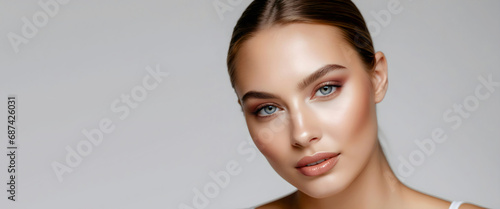 Closeup portrait of a beauty fashion model with natural makeup and skincare. Beauty & skin products, Copy space.