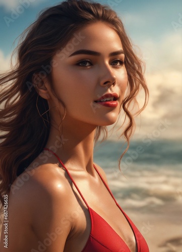 hyper-realistic photo of a beach in Mexico, with only one very beautiful Mexico woman wearing a red swimsuit, with beautiful hair, hyper-realistic face, Perfect poses, perfect and very realistic face 
