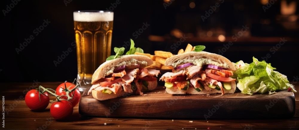 Club sandwiches and a soft drink presented on a wooden board. Club sandwiches and a soft drink presented on a wooden board.