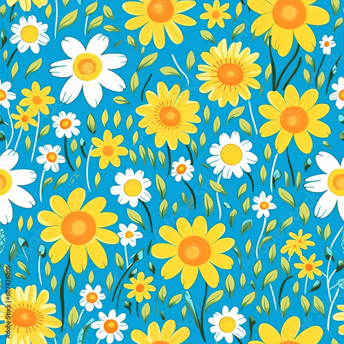 A seamless pattern with a mix of cartoon-style daisies, sunflowers, and daffodils