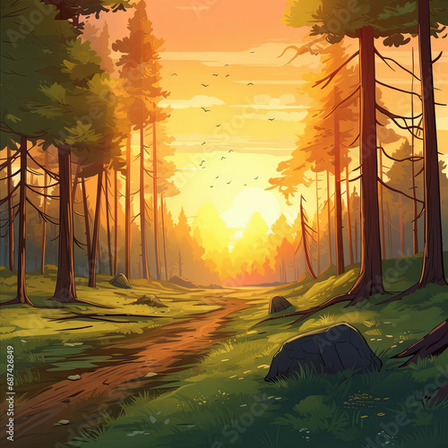 Illustration of a serene and calming, capturing the beauty of a tranquil forest during the golden hours of sunrise or sunset