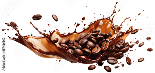 Roasted coffee beans in splashes of delicious coffee, cut out photo