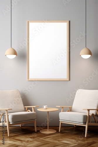 Interior of a living room in scandinavian style with white empty picture canvas for mockup, hanging over the armchairs and coffee table