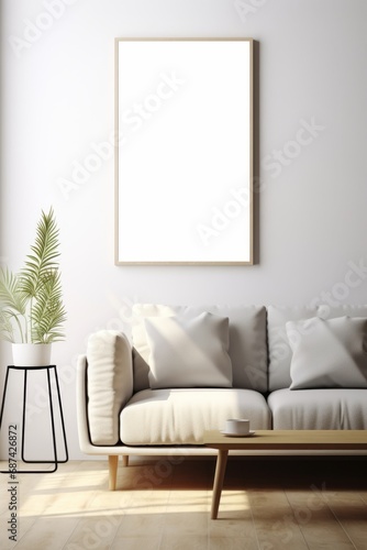 Interior of a living room in minimalist style with white empty picture frame for mockup, hanging over the sofa, table and houseplant © Mikhail