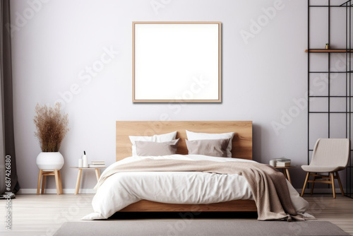 Interior of a bedroom in Scandinavian style with a empty, blank white frame for mock up, hanging on the wall over the bed