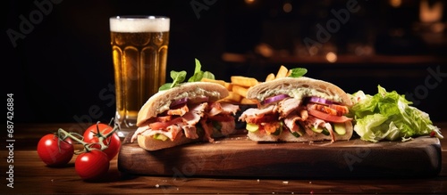 Club sandwiches and a soft drink presented on a wooden board.