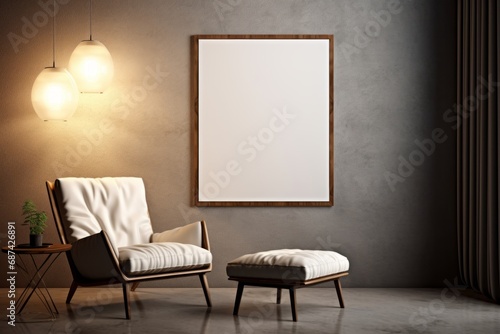 Interior of a living room in modern luxury style with white empty picture canvas for mockup, hanging on the dark .gray wall over the armchair with footstool