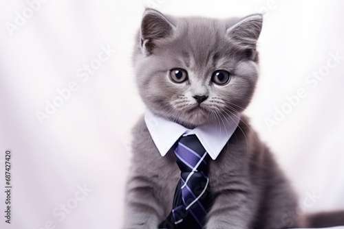 A schoolboy kitten with a tie on gray background. © P