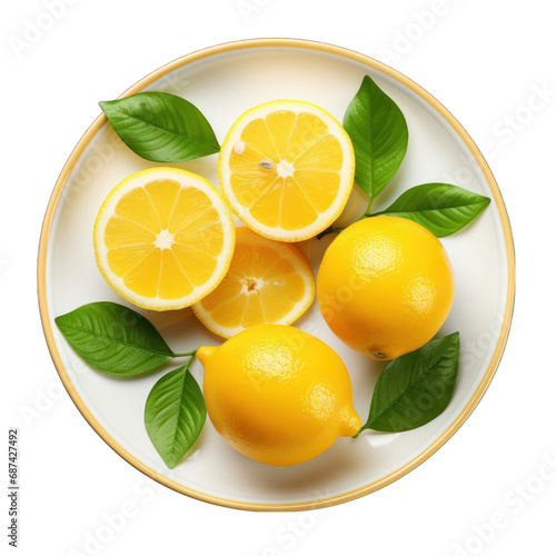 Top view of a lemon on a plate Isolated on Transparent or White Background, PNG