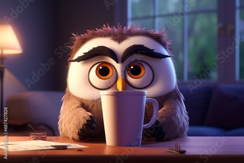 An owl with big eyes and a glass coffee.