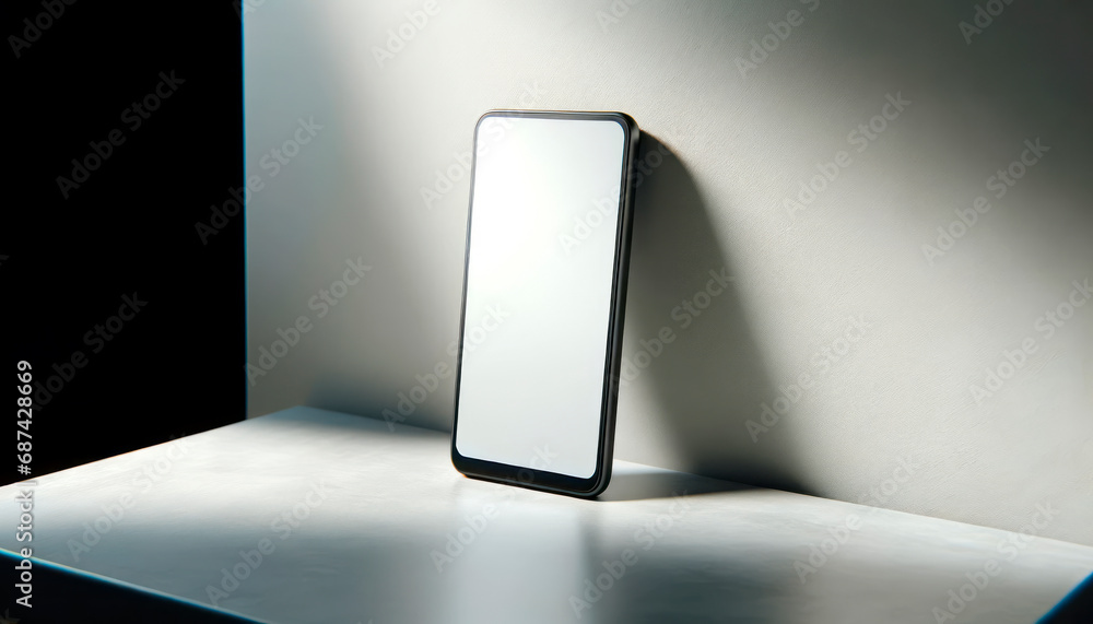 Smartphone with white screen on the table in the dark room, mockup. Generative AI Smartphone with white screen on the table in the dark room, mockup. Generative AI