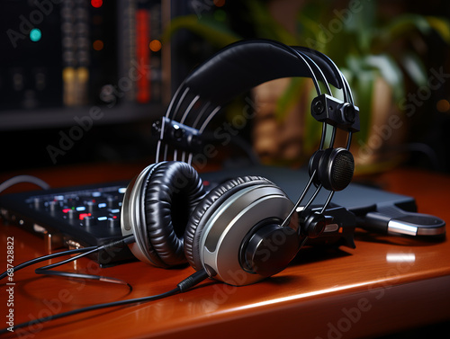 Elegant black and silver headphones on a studio mixer. Generative AI