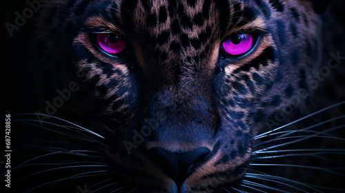 Close up of purple and black leopards face with glow