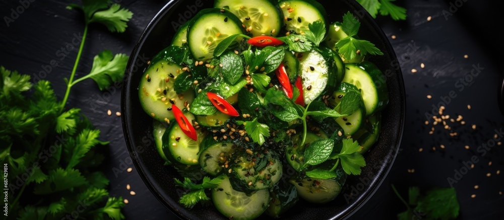 Chinese cucumber salad with coriander leaves in a black bowl on a concrete table, seen from above. Chinese cucumber salad with coriander leaves in a black bowl on a concrete table, seen from above.