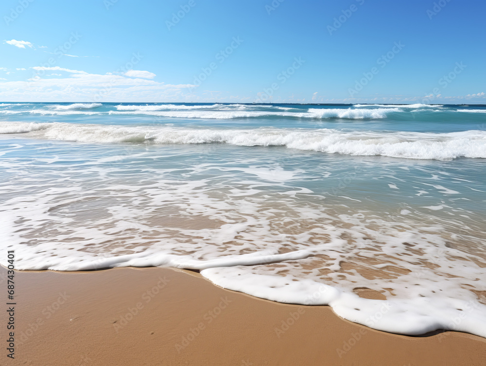 Foamy waves gently touching the sandy beach under a clear sky. Relaxation and nature concept. Generative AI