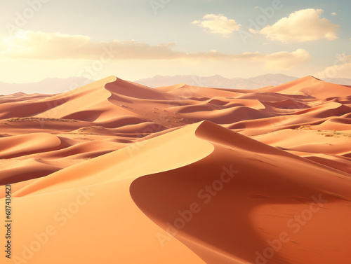 Smooth sand dunes under a clear sky in a vast desert landscape. Generative AI