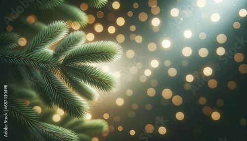 Christmas background with fir tree branches, bokeh lights and copy space. Generative AI