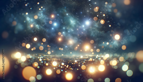 Starry galaxy overlay on bokeh lights, cosmic and celebration concept. Generative AI