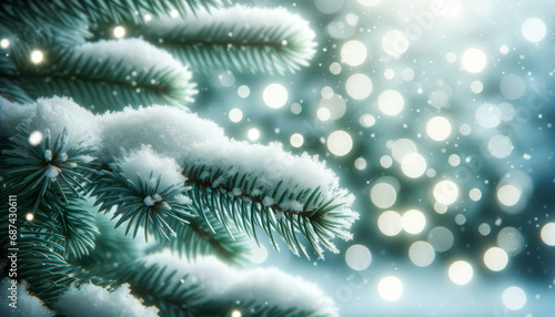 Frost coated Christmas tree branches against a bokeh lights background. Holiday season charm. Generative AI