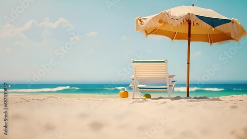 Sunny calm ocean sandy coast background with beach chair and big umbrella. Sea shore resort.