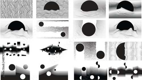 Abstract motion graphic design background . Black circle and horizontal lines . Transition shapes . Movement composition . Vector illustration