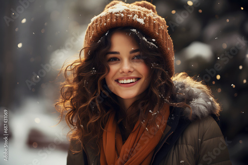A smiling young Latin American woman with curly hair in a knitted hat walks in the park in the snowfall. winter.