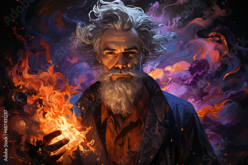wizard, magician, sorcerer. fantasy character. portrait of a man with a mustache and curly beard, illustration in orange-purple tones.