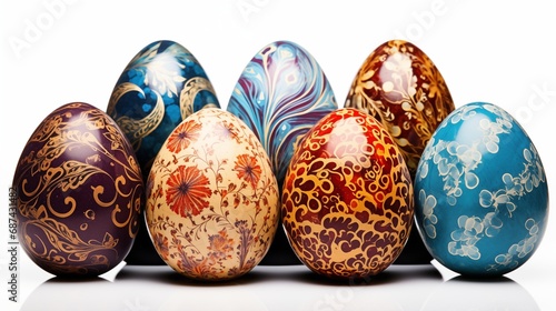 Colorful and Detailed Hand-Decorated Easter Eggs Isolated on White Background, close up