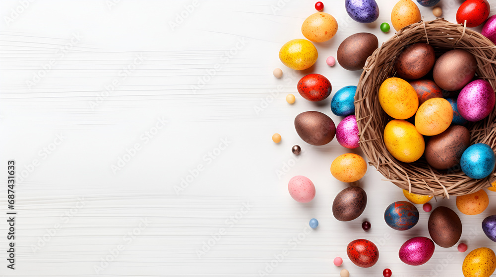 Festive Wicker Basket filled with Multicolored Easter Eggs on White Background, space inscription Festive Wicker Basket filled with Multicolored Easter Eggs on White Background, space inscription