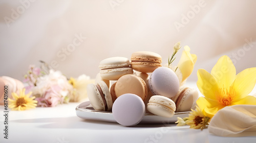 Delicate Mascarpone Cakes in Pastel Colors with Yellow Spring Flowers