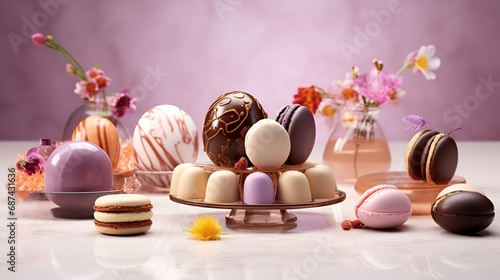 Exquisite Easter Themed Sweets: Chocolate Eggs, Macarons, Pink Flowers, and Delicate White Chocolate