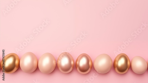 Festive Easter Holiday Gold and Beige Eggs on Soft Pink Background, space inscription