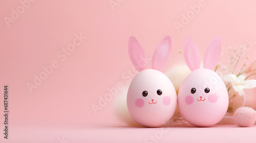 Colorful Easter Eggs Flat Lay on Pink Background with Bunny Decorations, place for inscription