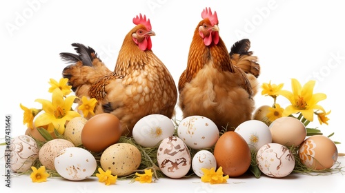 Easter Concept with Painted Eggs, Chickens, and Yellow Flowers in Pastel Colors