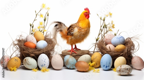 Easter Concept with Painted Eggs, Chicken, and Branches in Pastel Colors on White Background