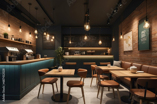A cozy and inviting coffee shop, with warm lighting and comfortable seating, perfect for networking and discussing business ideas over a cup of coffee. Generative AI