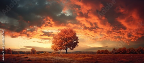 Cold  peaceful atmosphere in a scenic environment as the sky gets colored by dense clouds over tree branches during a vibrant autumn sunset.