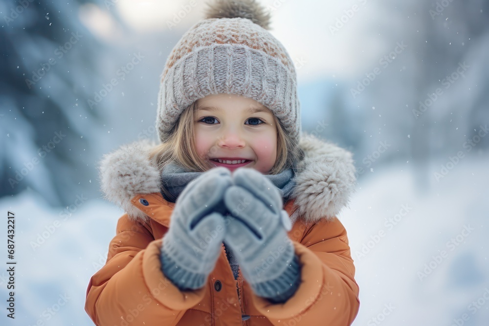 Beautiful female kid with nice cloth playing snow Beautiful female kid with nice cloth playing snow