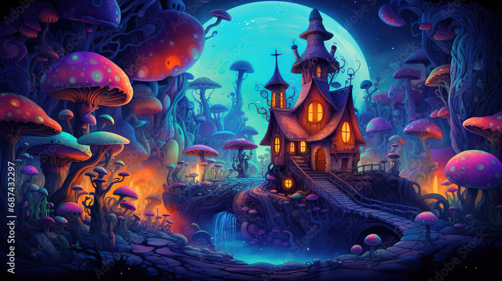 The Haunted House in the Mushroom Forest. Generative Ai The Haunted House in the Mushroom Forest. Generative Ai