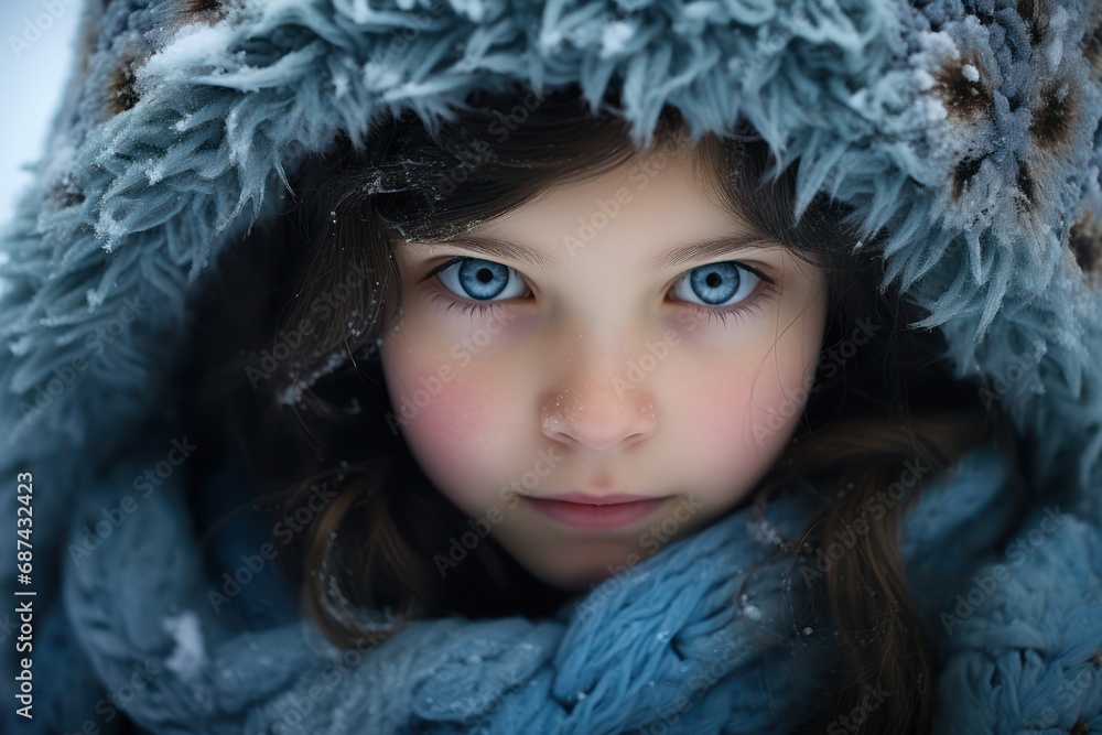 Portrait of cute little girl in beautiful warm outfit on winter background Portrait of cute little girl in beautiful warm outfit on winter background
