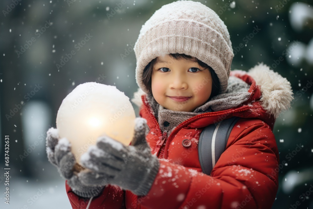 Funny excited little boy in red winter clothes walks during a snowfall. Funny excited little boy in red winter clothes walks during a snowfall.