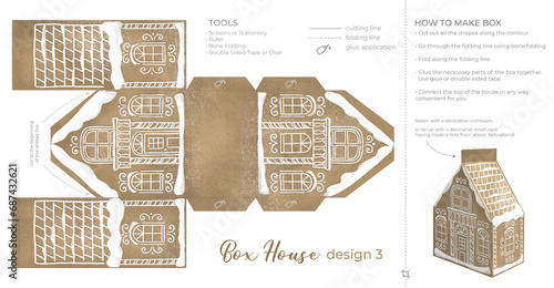 Christmas Gingerbread Village Paper House template. Vintage Printable file for print. Print and glue house scheme.