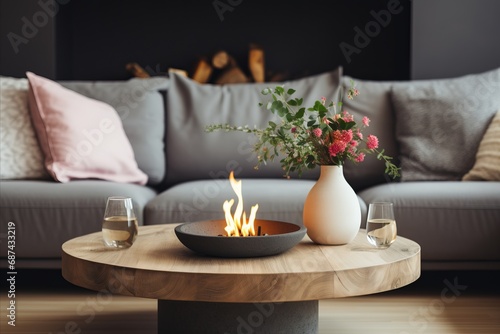 Scandinavian Living Room with Grey Sofa, Rustic Wooden Coffee Table, and Fireplace