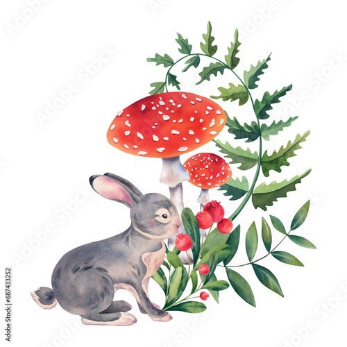 Watercolor rabbit with fly agaric, fern and lingonberries. Forest animals. For designers, sticker printing, clipart.