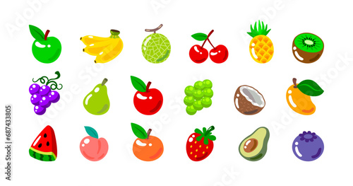 Fototapeta Naklejka Na Ścianę i Meble -  Vector apple, banana, melon, cherry, pineapple, kiwi, grape, pear, zymuscus, coconut, mango, watermelon, peach, orange, strawberry, avocado, blueberry.