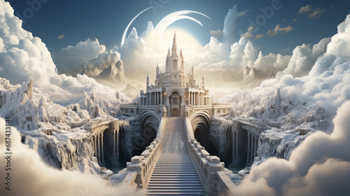Shot of the Pearly Gates above the clouds. Generative AI